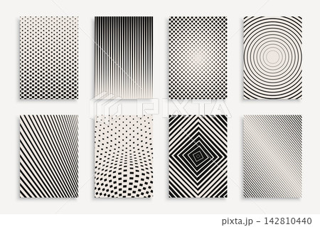 Collection of monochrome halftone abstract geometric covers, templates, placards, brochures, banners, backgrounds and etc. Minimalistic striped and dotted gradient modern posters 142810440