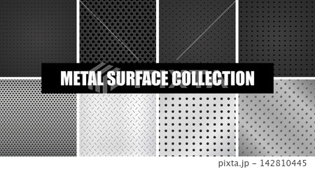 Metal surface collection featuring perforated steel panels, geometric hole patterns, textured industrial backgrounds and monochrome metal sheets for modern design and constructions 142810445