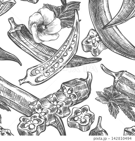 Hand drawn okra seamless background. Vector pattern of fresh bhindi pod, sliced pieces, leaves and flowers. Ink line sketch of the Abelmoschus esculentus plant. Imitation of engraving technique. 142810494