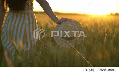 Beautiful young woman with a hat in her hands walks in the green field. Romantic woman walks in the field at summer day Beautiful young woman with a hat in her hands walks in the green field. Romantic woman walks in the field at summer day 142810691