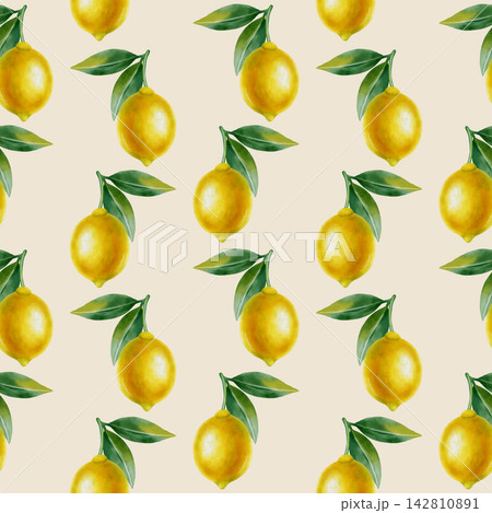 Seamless watercolor pattern featuring whole yellow lemons on green branches with leaves. This hand-drawn summer botanical illustration is perfect for fabric, wallpaper, packaging, and kitchen decor Seamless watercolor pattern featuring whole yellow lemons on green branches with leaves. This hand-drawn summer botanical illustration is perfect for fabric, wallpaper, packaging, and kitchen decor 142810891