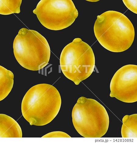 Watercolor seamless pattern featuring ripe yellow lemons scattered. Hand drawn whole citrus fruits illustration. Fresh organic food texture for fabric, wallpaper, packaging, and kitchen decor 142810892