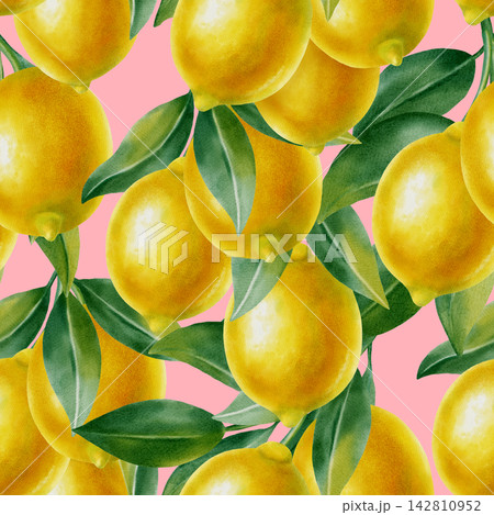 Watercolor seamless pattern with whole yellow lemons and lush green leaves. Hand drawn botanical illustration for fabric, textiles, wallpaper and Mediterranean style decor, kitchen decor, cafe menu 142810952
