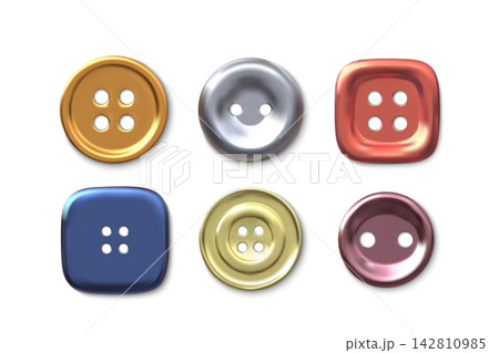 3D metallic sewing buttons different shapes and colors vector icons set, realistic sewing buttons with two or four holes 142810985