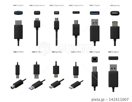 Cable connectors and plugs, computer ports vector icons set, USB types, lightning, mini and micro-usb, input cable cords 142811007