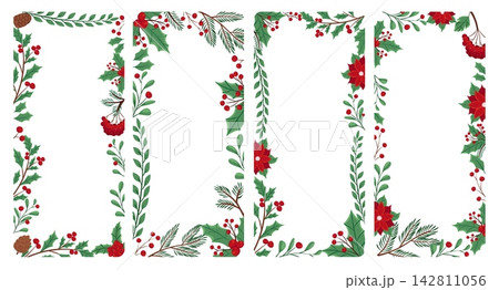 Winter botanical border background set with festive holiday florals Winter botanical border background set with festive holiday florals 142811056