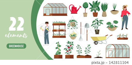 Greenhouse gardening element set with flat vector illustration Greenhouse gardening element set with flat vector illustration 142811104