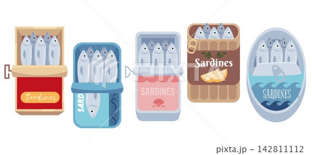 Sardine seafood element set with flat vector packaging Sardine seafood element set with flat vector packaging 142811112