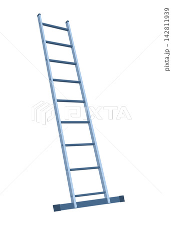 Metal ladder leaning at angle with evenly spaced rungs and stabilizing feet on white background, with ladder, metal, straight, leaning detail, showing rung, rail, feet, blue context Metal ladder leaning at angle with evenly spaced rungs and stabilizing feet on white background, with ladder, metal, straight, leaning detail, showing rung, rail, feet, blue context 142811939