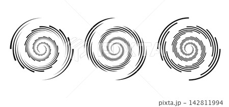 Speed lines form mesmerizing spiral vortex with twisted circular motion. Black and white geometric pattern creates futuristic tunnel effect for digital backgrounds. 142811994