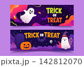 Halloween banner set with trick or treat lettering, cute ghosts, pumpkin, candy and spider webs 142812070