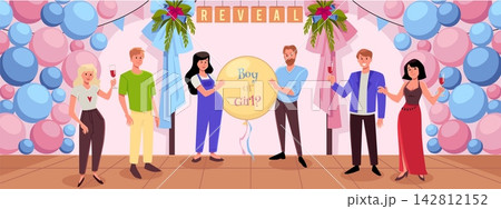 Gender reveal party, pregnant couple holding a surprise inflated balloon with Boy or girl text, banquet hall with guests 142812152