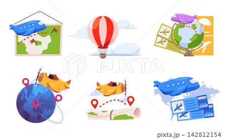 Cartoon airplane travel element set with globe map and route markers Cartoon airplane travel element set with globe map and route markers 142812154