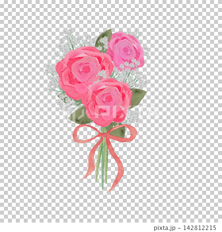 A bouquet of pink roses and baby's breath with a watercolor red ribbon. A bouquet of pink roses and baby's breath with a watercolor red ribbon. 142812215