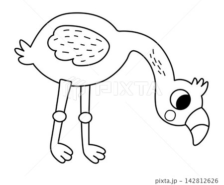 Vector cartoon black and white flamingo standing with head down. African or safari animal clipart. Cute savannah bird line icon for kids. Flat savanna element. Africa wildlife illustration, coloring Vector cartoon black and white flamingo standing with head down. African or safari animal clipart. Cute savannah bird line icon for kids. Flat savanna element. Africa wildlife illustration, coloring 142812626