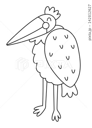 Vector cartoon black and white marabou stork. Funny African or safari animal clipart. Cute savannah bird line icon for kids. Flat savanna element. Africa wildlife illustration, coloring page 142812627