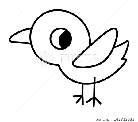 Vector cartoon black and white red billed oxpecker. Funny African or safari animal clipart. Cute little savannah bird icon for kids. Line savanna element. Africa wildlife illustration, coloring page 142812633