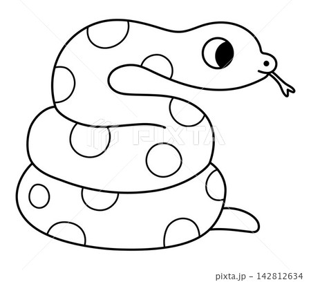 Vector cartoon black and white snake. Funny African or safari animal clipart. Cute savannah serpent icon for kids. Line savanna element. Africa wildlife illustration, coloring page 142812634