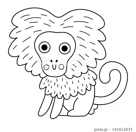 Vector black and white cartoon baboon isolated on white background. Funny African or safari animal clipart. Cute savannah monkey icon for kids. Line savanna element. Africa wildlife coloring page 142812635