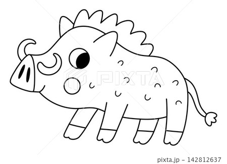Vector cartoon black and white warthog. Funny African or safari animal clipart. Cute savannah hog, boar or wild pig line icon for kids. Savanna element. Africa wildlife illustration, coloring page Vector cartoon black and white warthog. Funny African or safari animal clipart. Cute savannah hog, boar or wild pig line icon for kids. Savanna element. Africa wildlife illustration, coloring page 142812637