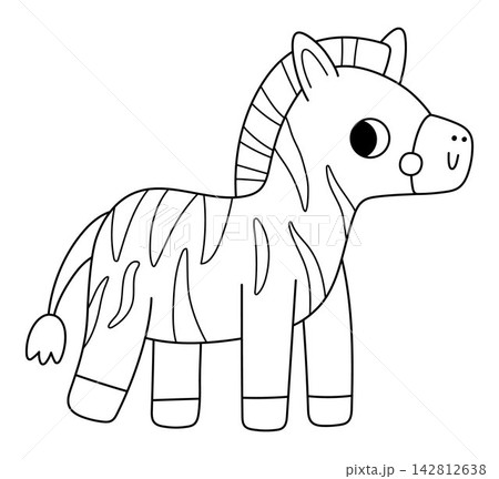 Vector cartoon black and white zebra. Funny African or safari animal clipart. Cute savannah icon for kids. Line savanna element. Africa wildlife illustration, coloring page 142812638