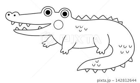 Vector cartoon black and white crocodile. Funny African or safari animal clipart. Cute savannah alligator icon for kids. Line savanna element. Africa wildlife illustration, coloring page Vector cartoon black and white crocodile. Funny African or safari animal clipart. Cute savannah alligator icon for kids. Line savanna element. Africa wildlife illustration, coloring page 142812644