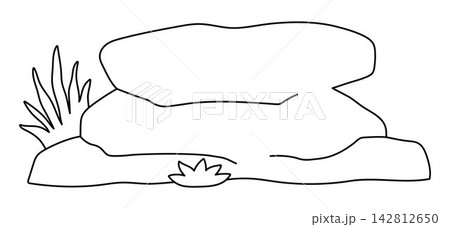 Vector cartoon black and white cliff with grass. Funny African or safari nature element clipart. Cute savannah rock, stone or mountain icon for kids. Line savanna illustration, coloring page 142812650