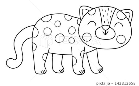 Vector cartoon black and white leopard. Funny African or safari animal clipart. Cute savannah icon for kids. Line savanna element. Africa wildlife illustration, coloring page 142812658