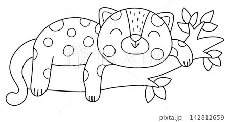 Vector cartoon black and white leopard lying on tree twig. Funny African or safari animal clipart. Cute savannah icon for kids. Line savanna element. Africa wildlife illustration, coloring page Vector cartoon black and white leopard lying on tree twig. Funny African or safari animal clipart. Cute savannah icon for kids. Line savanna element. Africa wildlife illustration, coloring page 142812659