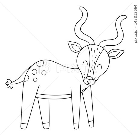 Vector black and white cartoon antelope. Funny African or safari animal clipart. Cute savannah gazelle icon for kids. Line savanna element. Africa wildlife illustration, coloring page 142812664