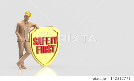 Construction Professional Beside Golden Safety First Shield with Copy Space 3d render. Construction Professional Beside Golden Safety First Shield with Copy Space 3d render. 142812771