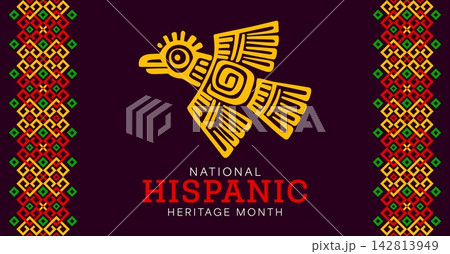 National Hispanic heritage month banner with ethnic bird and ornament borders. Hispanic heritage month holiday of Latin American and Spanish culture and traditions with Aztec or Maya tribal bird for 142813949