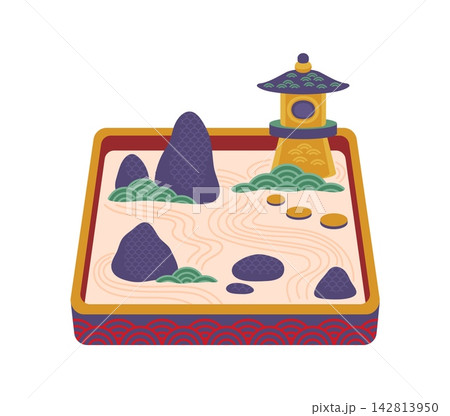 Japanese Zen rock garden with stone lantern, raked sand, rocks and stepping stones with wave ornament. Vector icon of Japan landscape, meditation culture, temple park, travel and Asian tradition Japanese Zen rock garden with stone lantern, raked sand, rocks and stepping stones with wave ornament. Vector icon of Japan landscape, meditation culture, temple park, travel and Asian tradition 142813950