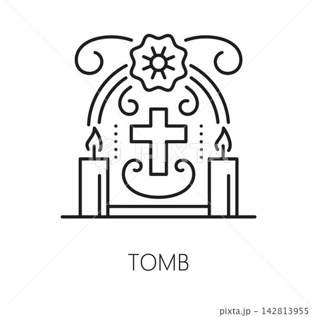 Tomb icon for Mexican Day of the Dead or Dia de los Muertos holiday symbol. Tomb with decoration of candles and marigold flowers on graveyard cemetery for Mexican Day of the Dead tradition line icon Tomb icon for Mexican Day of the Dead or Dia de los Muertos holiday symbol. Tomb with decoration of candles and marigold flowers on graveyard cemetery for Mexican Day of the Dead tradition line icon 142813955