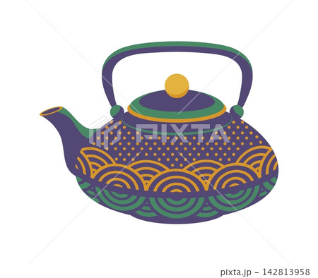 Japanese cast iron teapot with curved handle, short spout and traditional seigaiha wave ornament. Vector kettle icon of tea ceremony, Japan culture, Asian drink, kitchen utensil, travel and tradition Japanese cast iron teapot with curved handle, short spout and traditional seigaiha wave ornament. Vector kettle icon of tea ceremony, Japan culture, Asian drink, kitchen utensil, travel and tradition 142813958