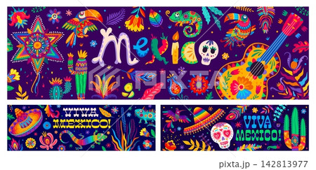 Viva Mexico banners Mexican holiday of Independence or Day of the Dead. Viva Mexico t background with Mexican sombrero and guitar, cactus and pinata or Calavera sugar skull for Dia de los Muertos 142813977