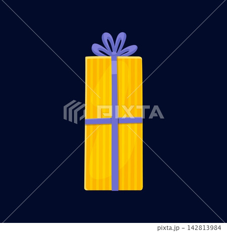 Christmas gift box for holiday decoration and New Year winter festive cartoon present. Christmas gift in yellow paper wrapper with blue ribbon for Merry Xmas greeting and Santa winter season gift Christmas gift box for holiday decoration and New Year winter festive cartoon present. Christmas gift in yellow paper wrapper with blue ribbon for Merry Xmas greeting and Santa winter season gift 142813984