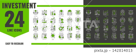Investment finance icons. Fund and liquidity, finance, passive income and venture capital symbols set. Vector line signs of cryptocurrency, market, stock, bond and portfolio, growth, analytics or bank 142814013