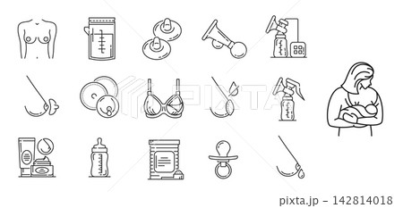 Breastfeeding pictogram icons of vector line mother nursing baby, woman breast, milk bottle and pump. Breastfeeding bra, nipple shields and cream, breast pads, baby formula and pacifier outline icons Breastfeeding pictogram icons of vector line mother nursing baby, woman breast, milk bottle and pump. Breastfeeding bra, nipple shields and cream, breast pads, baby formula and pacifier outline icons 142814018