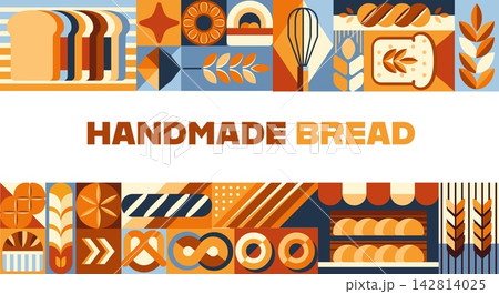 Handmade bread, bakery and pastry shop banner with geometric pattern ornament. Vector retro modern decorative tile background with loaf, baguette, wheat and bakery icons for packaging, textile or menu Handmade bread, bakery and pastry shop banner with geometric pattern ornament. Vector retro modern decorative tile background with loaf, baguette, wheat and bakery icons for packaging, textile or menu 142814025
