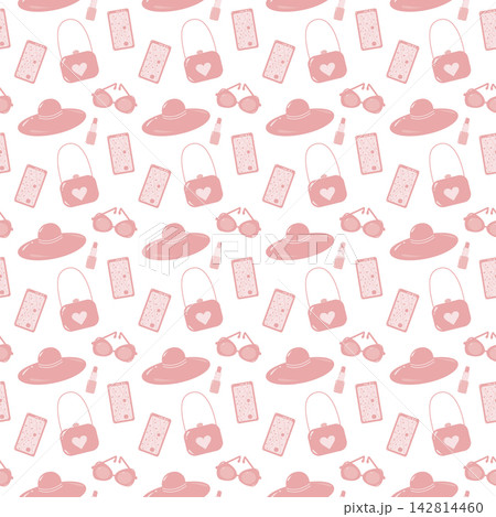 Seamless pink fashion pattern merges hats, handbags, sunglasses and cosmetics on a white background. Hand drawn vector illustration for boutique packaging, textile prints, gift wrapping and stationery 142814460