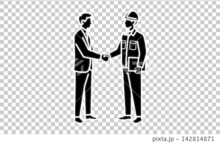 An icon illustration representing collaboration, contracts, and partnerships, depicting a handshake between a businessman and on-site staff. An icon illustration representing collaboration, contracts, and partnerships, depicting a handshake between a businessman and on-site staff. 142814871