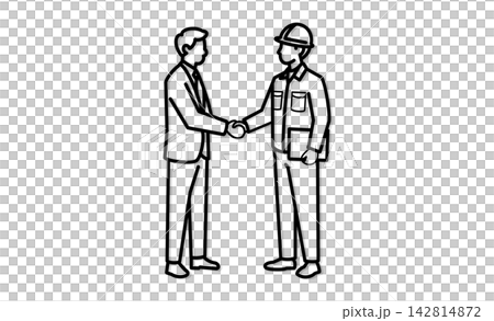 一幅象徵合作、合約和夥伴關係的圖標插圖,描繪了商人與現場工作人員握手的場景。 一幅象徵合作、合約和夥伴關係的圖標插圖,描繪了商人與現場工作人員握手的場景。 142814872