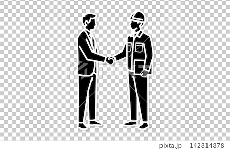 An icon illustration representing collaboration, contracts, and partnerships, depicting a handshake between a businessman and on-site staff. An icon illustration representing collaboration, contracts, and partnerships, depicting a handshake between a businessman and on-site staff. 142814878