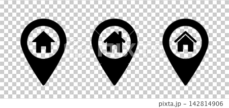 A set of silhouette icons for map pins that indicate your home location using a house icon. A set of silhouette icons for map pins that indicate your home location using a house icon. 142814906