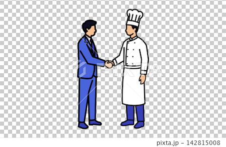 シェフと会社員の握手で表現する外食産業・食品ビジネス・企業間コラボレーションを表すイラストアイコン 142815008