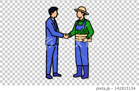 ビジネスマンと農家が握手する農業と企業の異業種連携を表現した線画アイコンイラスト ビジネスマンと農家が握手する農業と企業の異業種連携を表現した線画アイコンイラスト 142815134