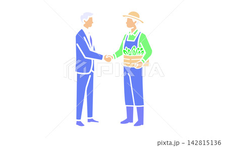 ビジネスマンと農家が握手する農業と企業の異業種連携を表現した線画アイコンイラスト 142815136