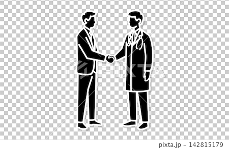 スーツ姿の会社員と医療従事者が握手する信頼関係と協力のアイコンイラスト スーツ姿の会社員と医療従事者が握手する信頼関係と協力のアイコンイラスト 142815179