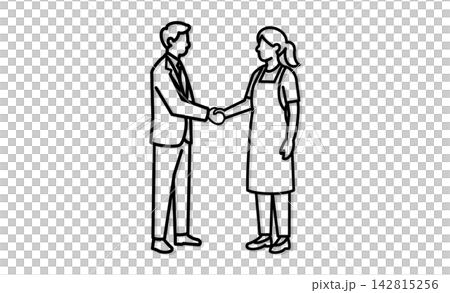An illustration depicting a handshake between a childcare worker and a company employee, representing childcare businesses, inter-company collaboration, and work-style support. 142815256